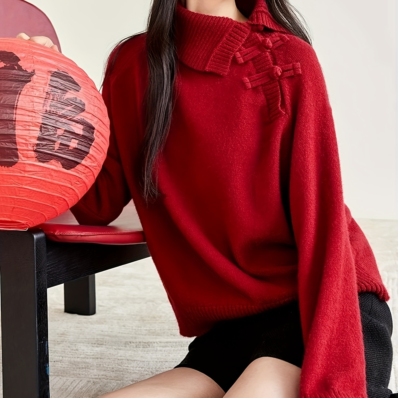 

Elegant Red High-neck Knit Sweater For Women - Chinese Style With Decorative Buttons, Soft Viscose , Casual Fit, All