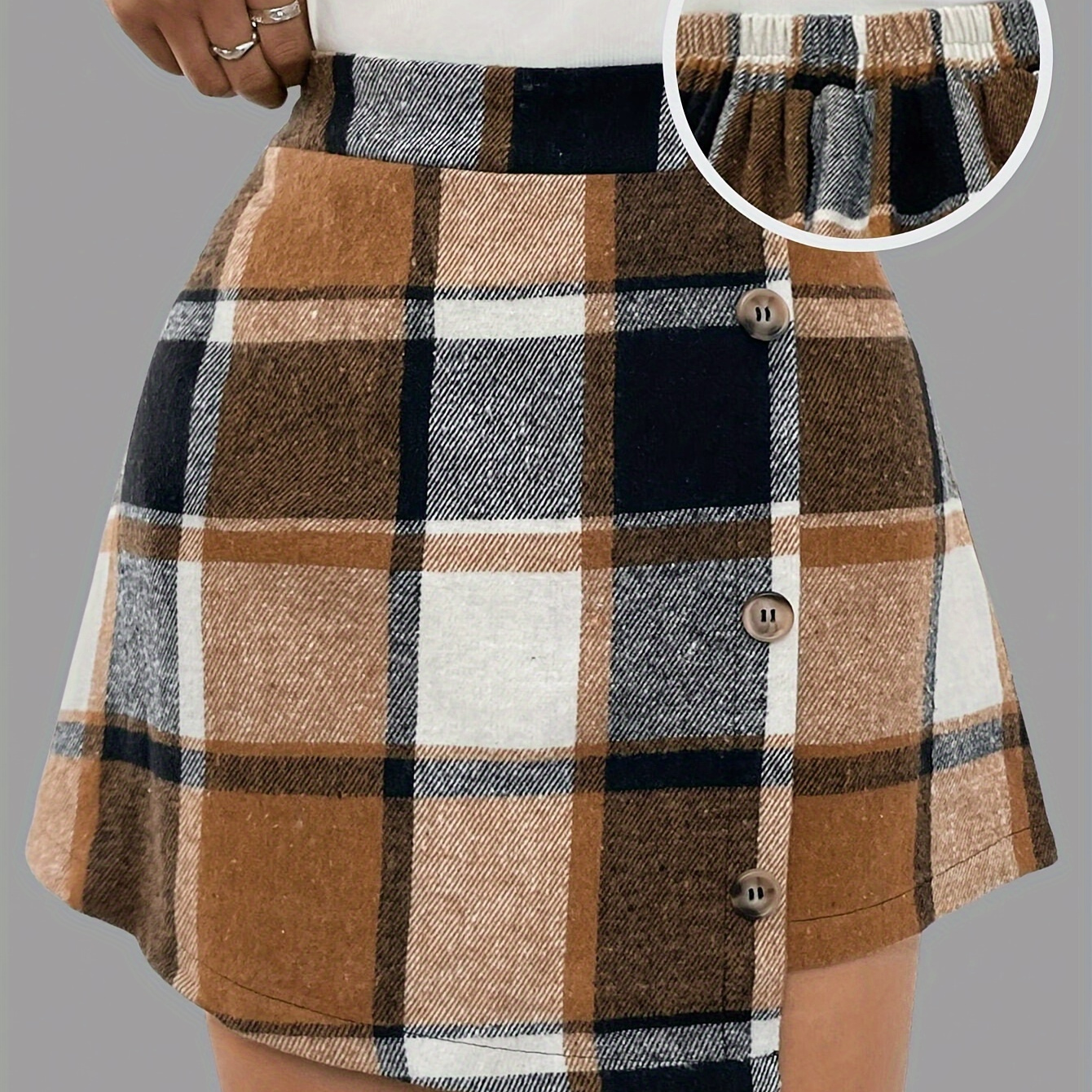 

Women's Elegant Plaid Mini Skirt - 100% Polyester Woven Fabric With Button Detail - Fall/winter Collection Stylish Pleated Skirt With Elastic