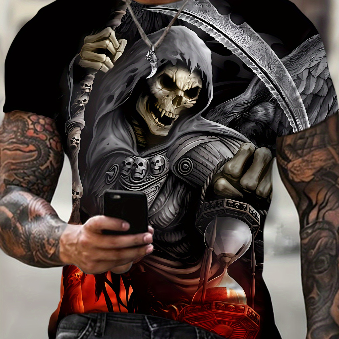 

Plus Size T-shirt For Men, Roaring Skeleton Graphic Print Short Sleeve Tees For Big & Tall Males, Summer Stylish Outdoor Sports Tops