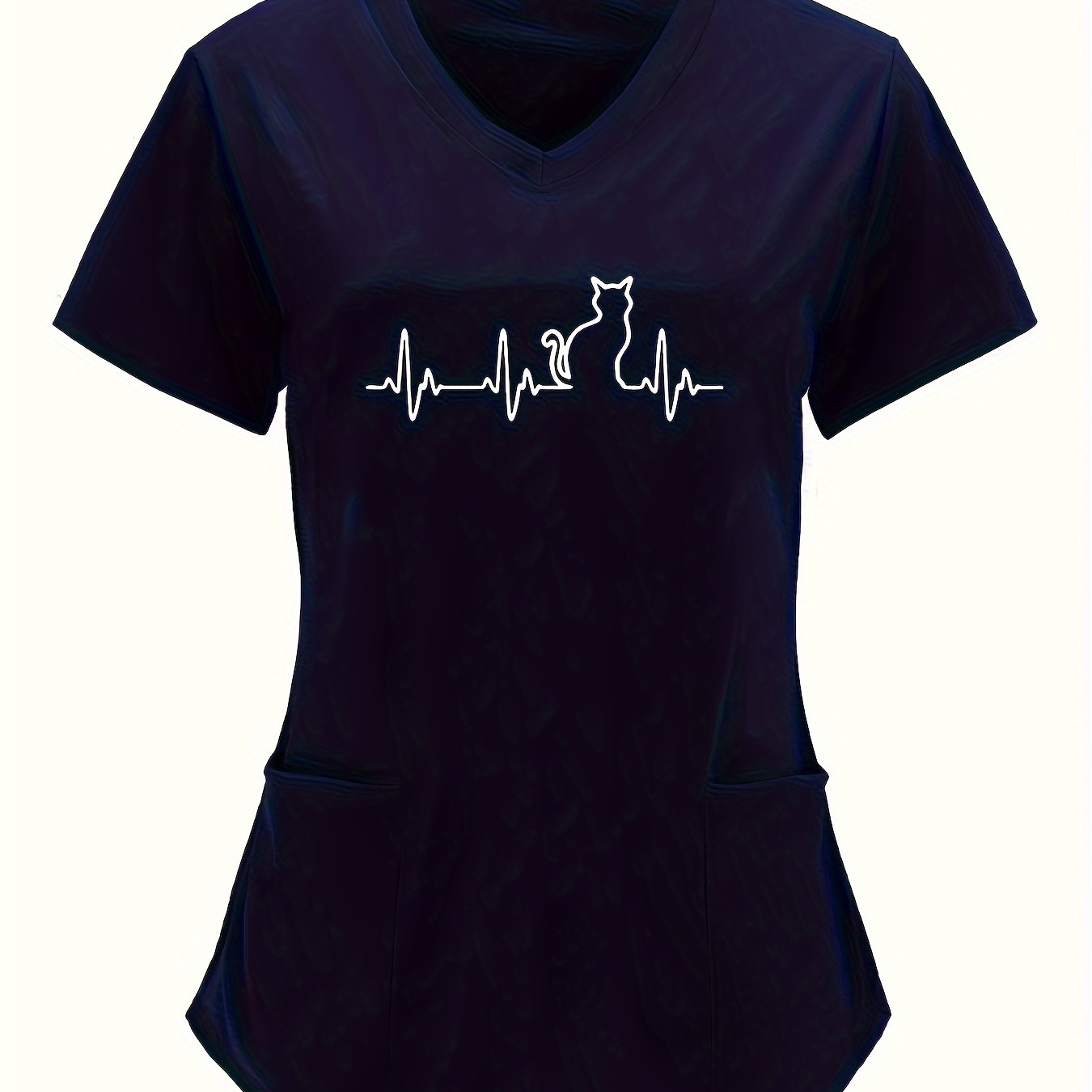 

Women's Cat Ekg Print V-neck With Pocket - Casual, Stretchy Polyester , Machine Washable - Summer Work & Uniform