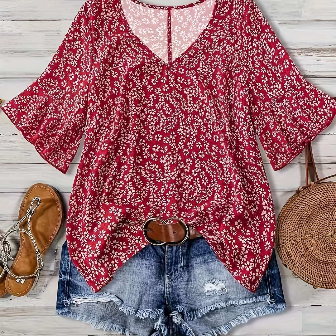 

Plus Size Floral Print V Neck Blouse, Vacation Casual Sleeve Top For Spring & Summer, Women's Plus Size Clothing