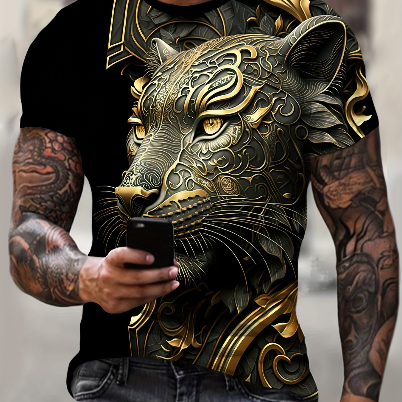 

Golden Panther 3d Graphic Print Men's Novelty Short Sleeve Crew Neck T-shirt, Summer Outdoor