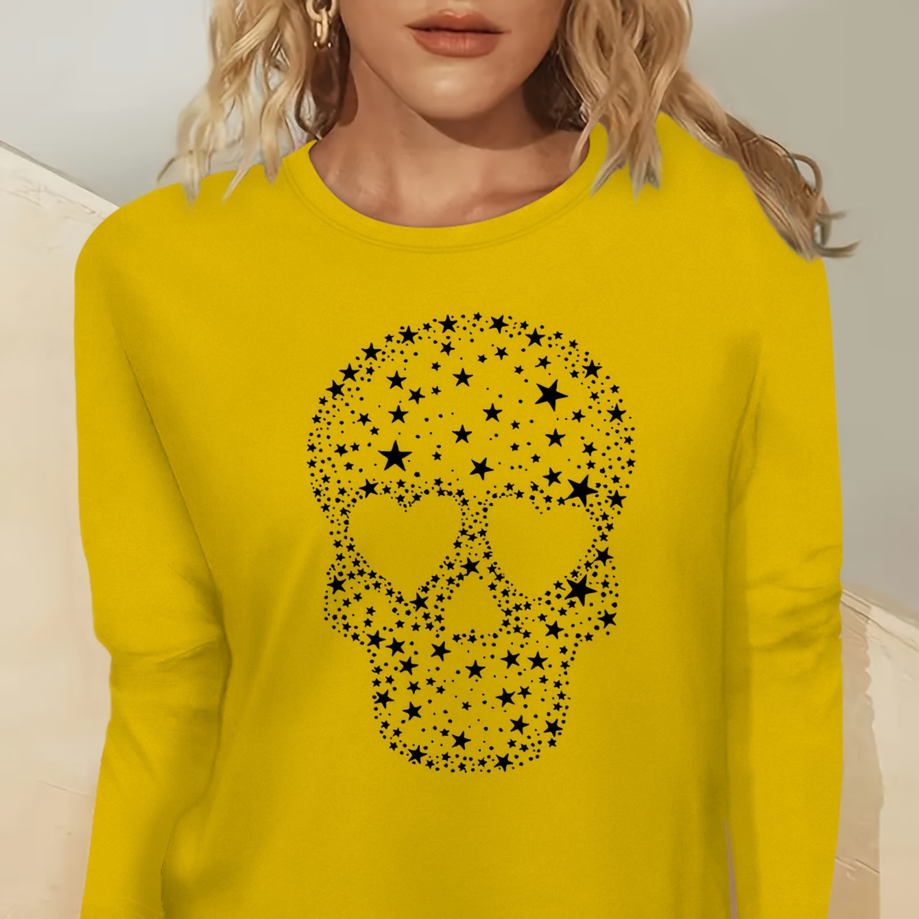 

Women's Casual Long Sleeve Crew Neck T-shirt With Starry Skull Applique - 100% Polyester Knit Fabric, Stretch, Regular Fit Pullover For Halloween