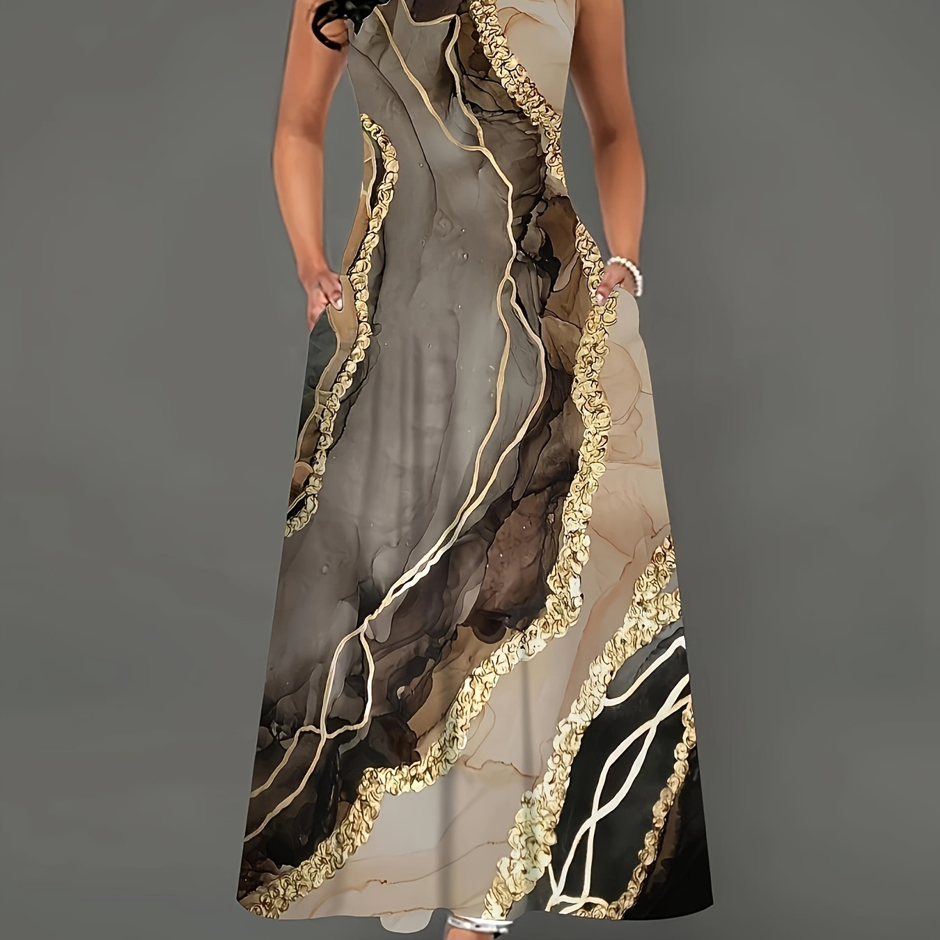 

Sleek Polyester Dress With Abstract Golden And Black Print