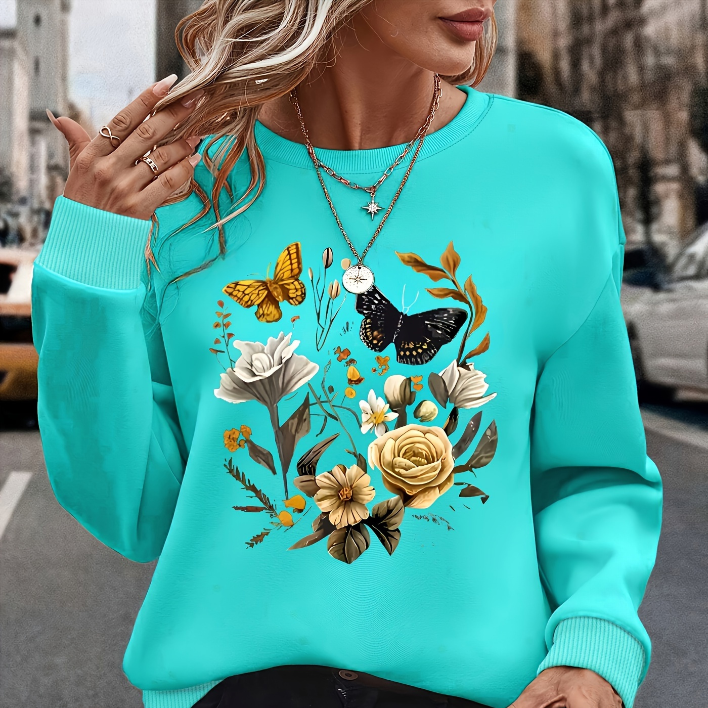 

Elegant Teal Floral & Long Sleeve Sweatshirt For Women - Cozy Polyester, Round Neck Pullover With Ribbed Cuffs, Machine Washable