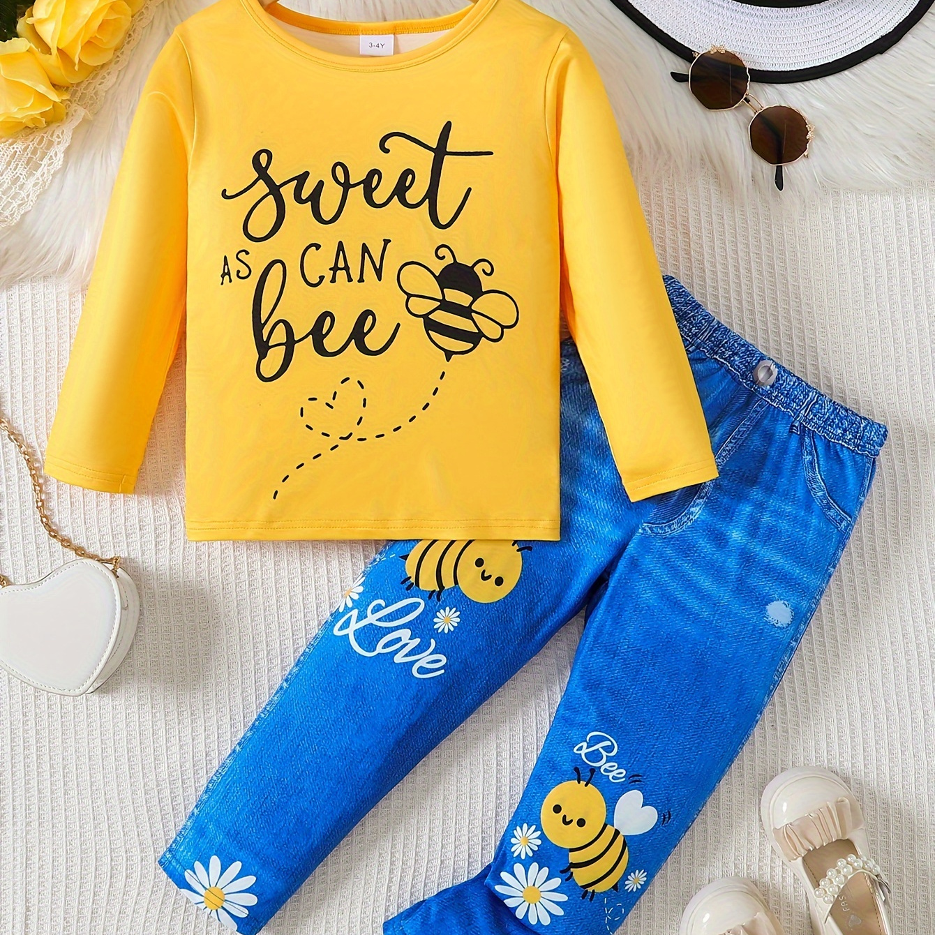 

2pcs Cartoon Bee Print Pullover Top + Imitation Denim Print Pants Set For Spring Fall Holiday Gift