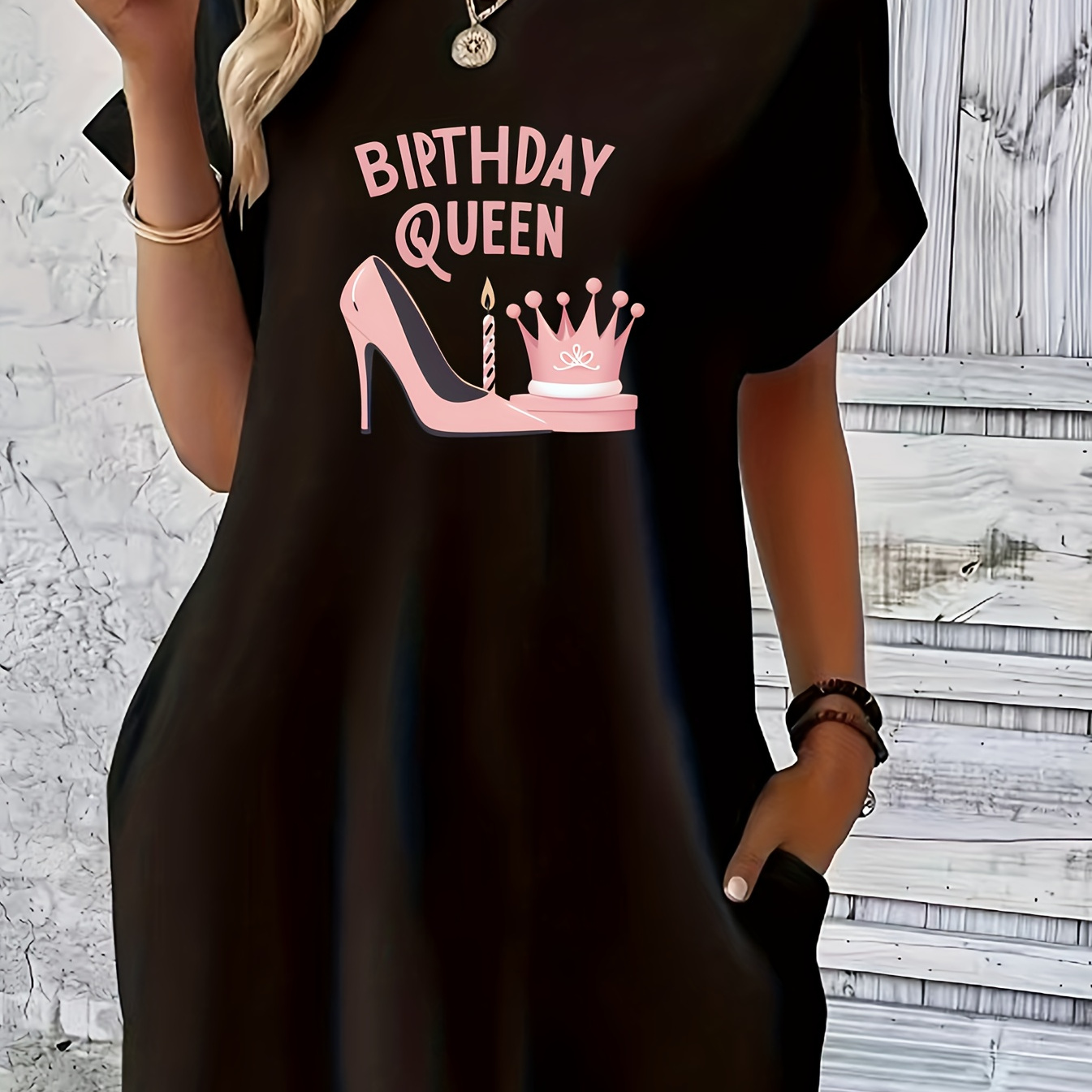 

Birthday Queen Print Crew Neck Tee Dress, Short Sleeve Casual Dress For Summer & Spring, Women's Clothing