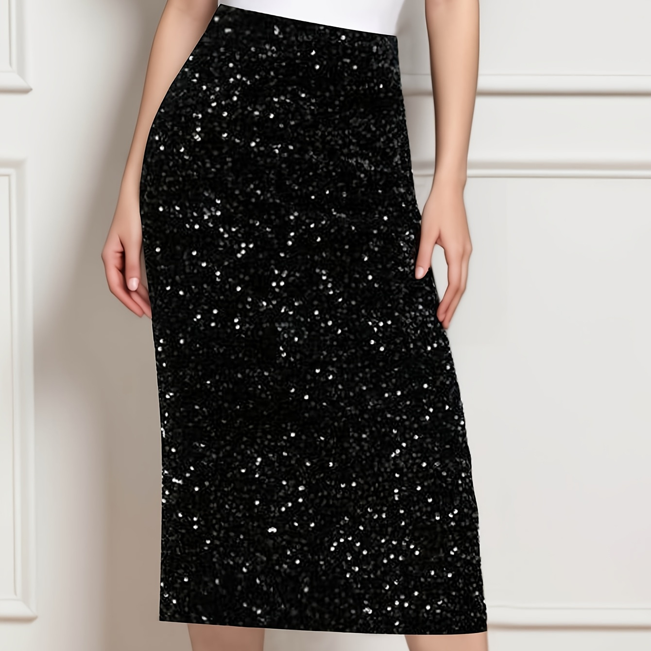 

Elegant Women's Sequin Midi Skirt - Stretchy Polyester & Spandex , Fall/winter Parties