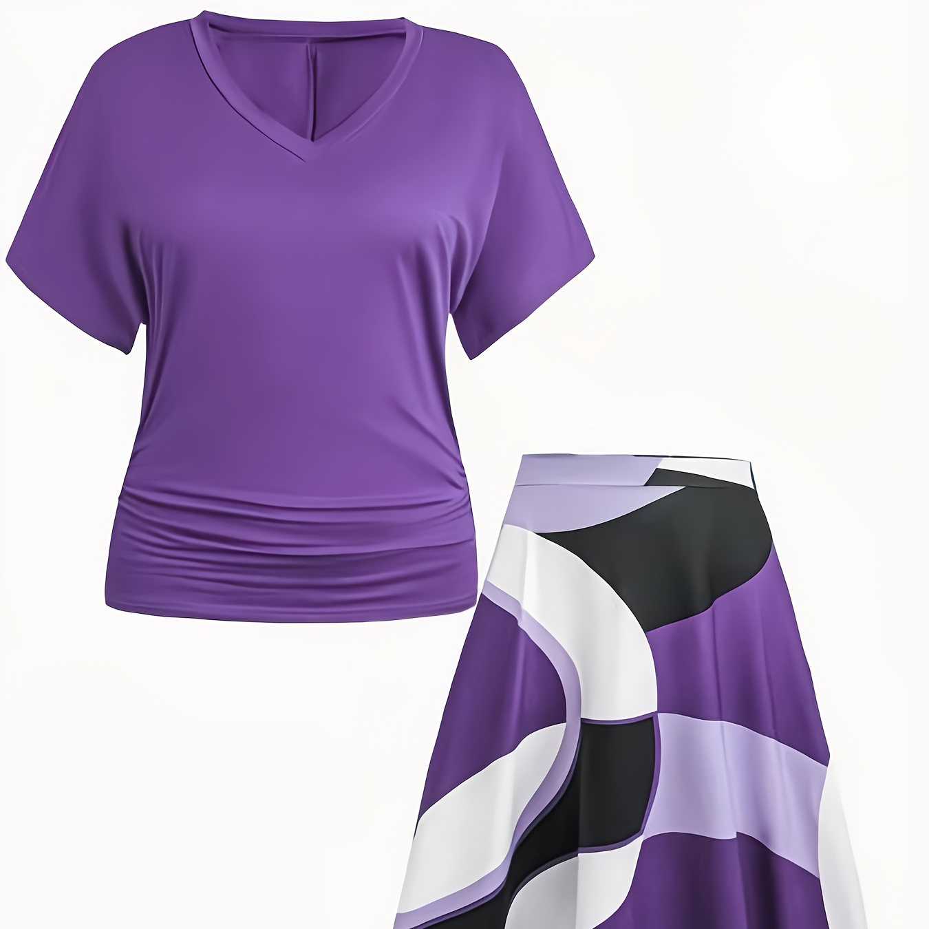 

[1set Women's Elegant V-neck T-shirt And Skirt Set] 1set Elegant V-neck T-shirt And Geometric Print Skirt Set For Women, Polyester Knit Fabric, Fashion Outfit