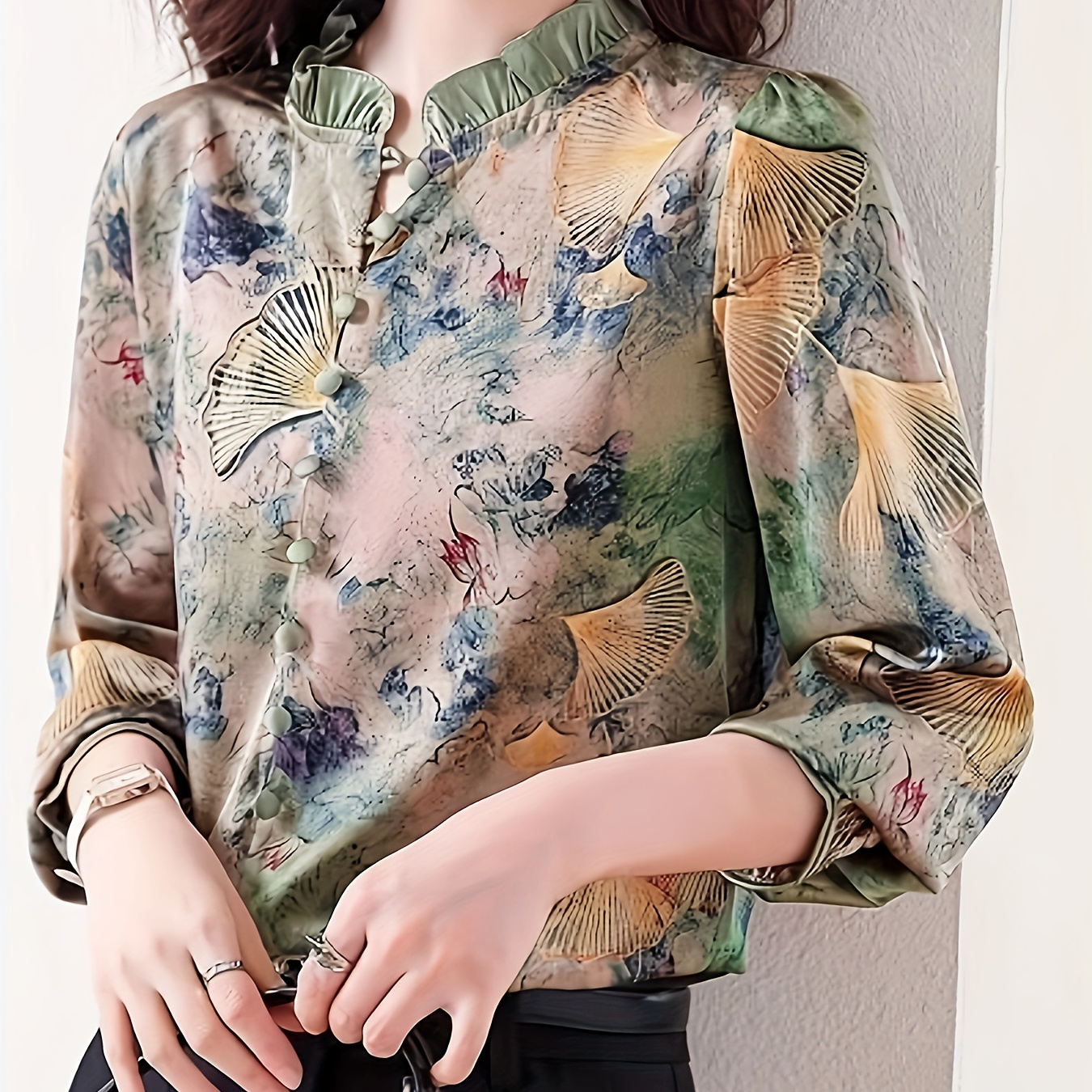 

Blouse boutonnée à imprimé intégral, blouse à manches longues à volants pour et , vêtements pour femmes