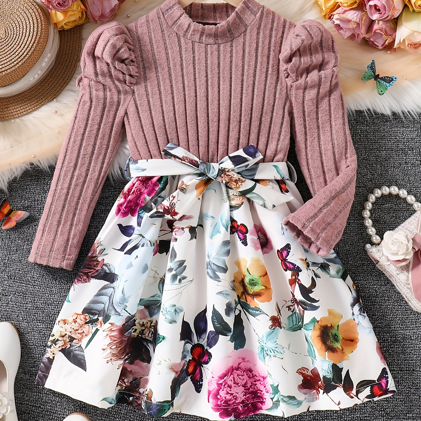 

' Floral Print Long Sleeve Dress With Bubble Sleeves & Tie Waist - Perfect For Spring/fall, Machine Washable