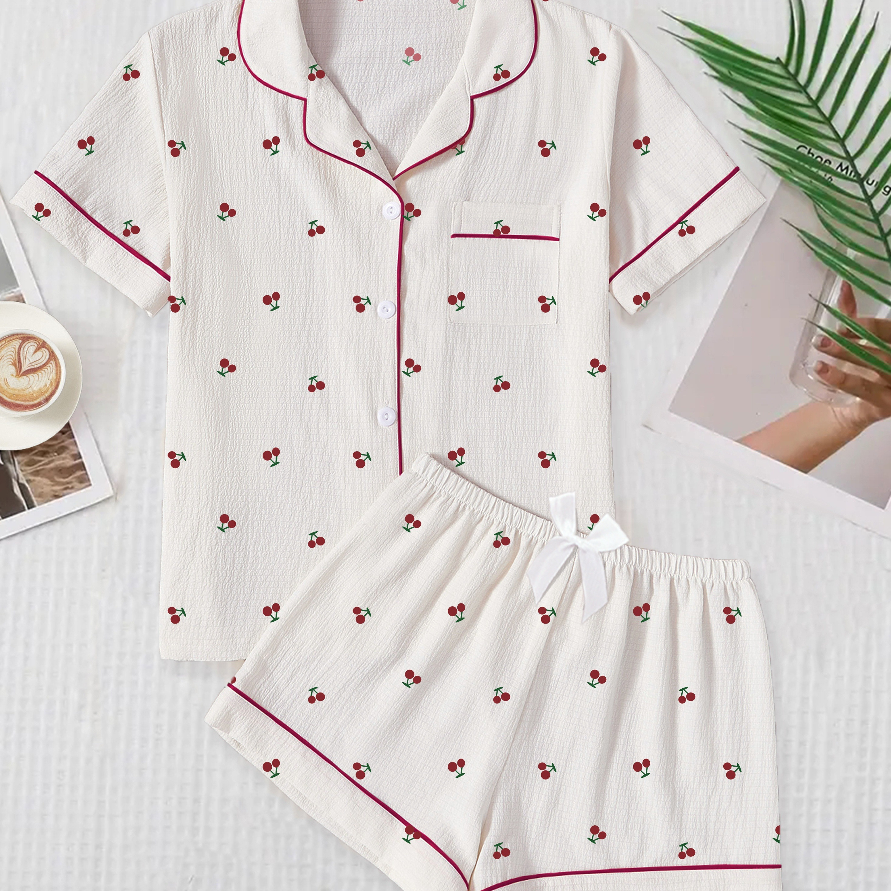 

Women's Cherry Print Textured Sweet Pajama Set, Short Sleeve Buttons Lapel Top & Shorts, Comfortable Relaxed Fit