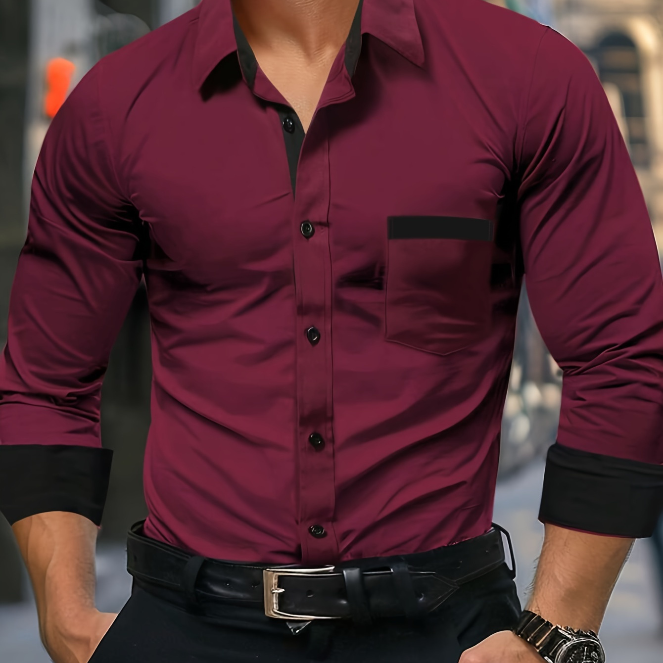 

Chemise Habillée Slim Fit pour Homme à de Couleur - Manches Longues, Polyester, Boutonnée avec Poche Poitrine, Noir & Rouge, Lavable en Machine - pour les & Semi-