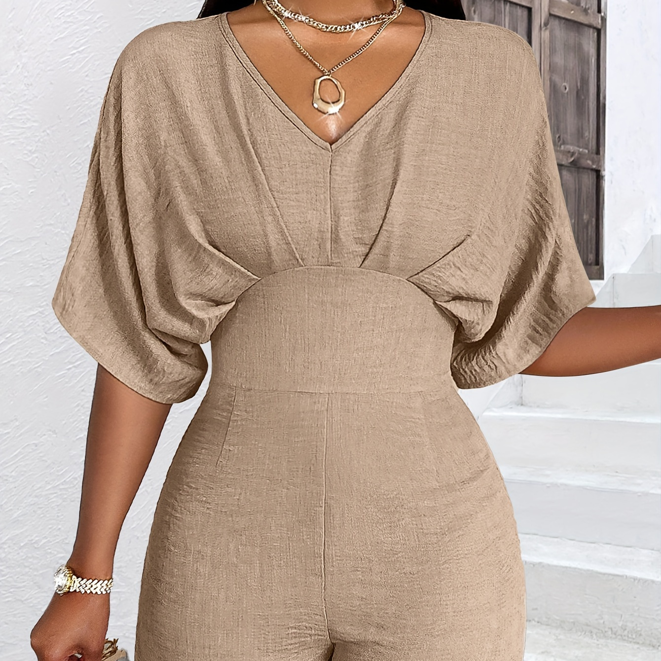 

Elegant Beige V-neck Romper For Women - Chic Short Sleeve, High Waist, Solid Color Jumpsuit With Ruched Detail - Lightweight Polyester Blend, Casual