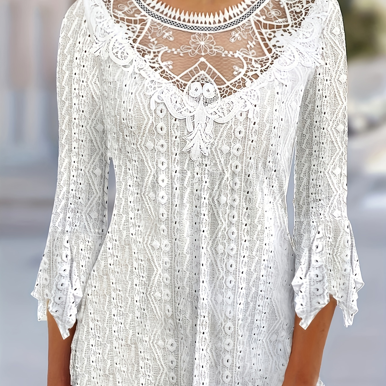 

Plus Size Casual Top, Women's Plus Solid Eyelet Embroidered Bell Sleeve Round Neck Slight Stretch Top