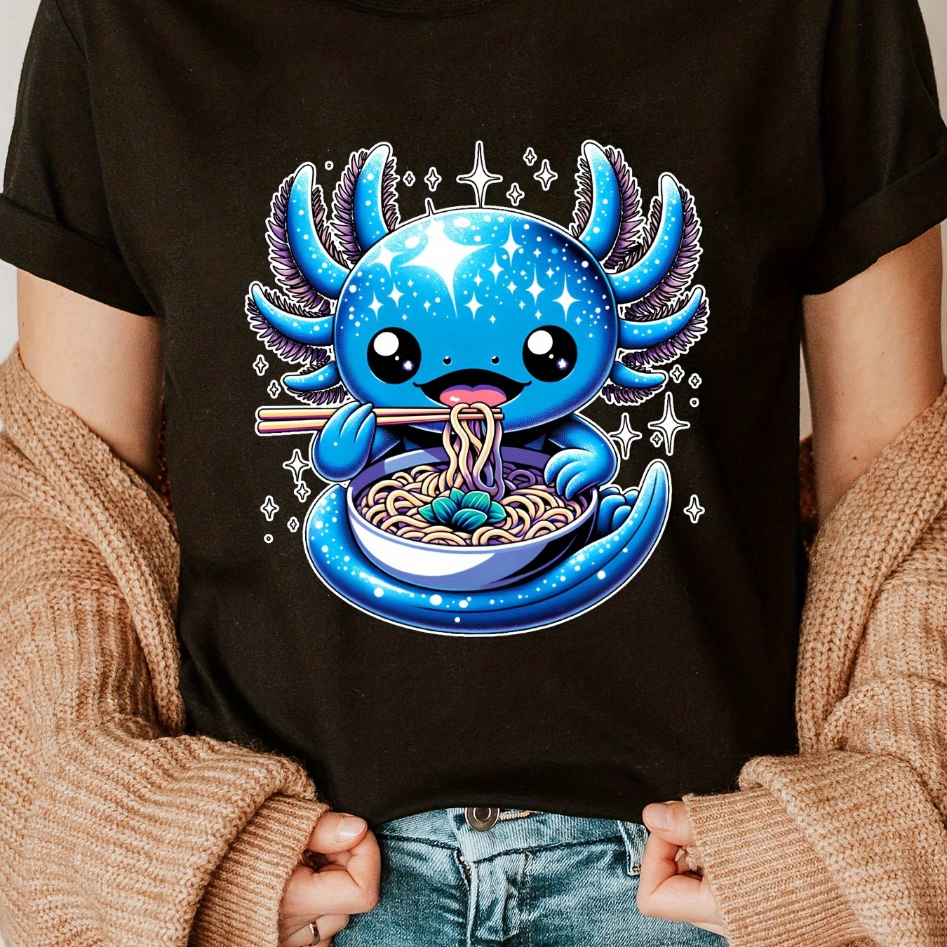 

Cartoon Axolotl Print Crew Neck T-shirt, Casual Short Sleeve T-shirt For Spring & Summer, Women's Clothing
