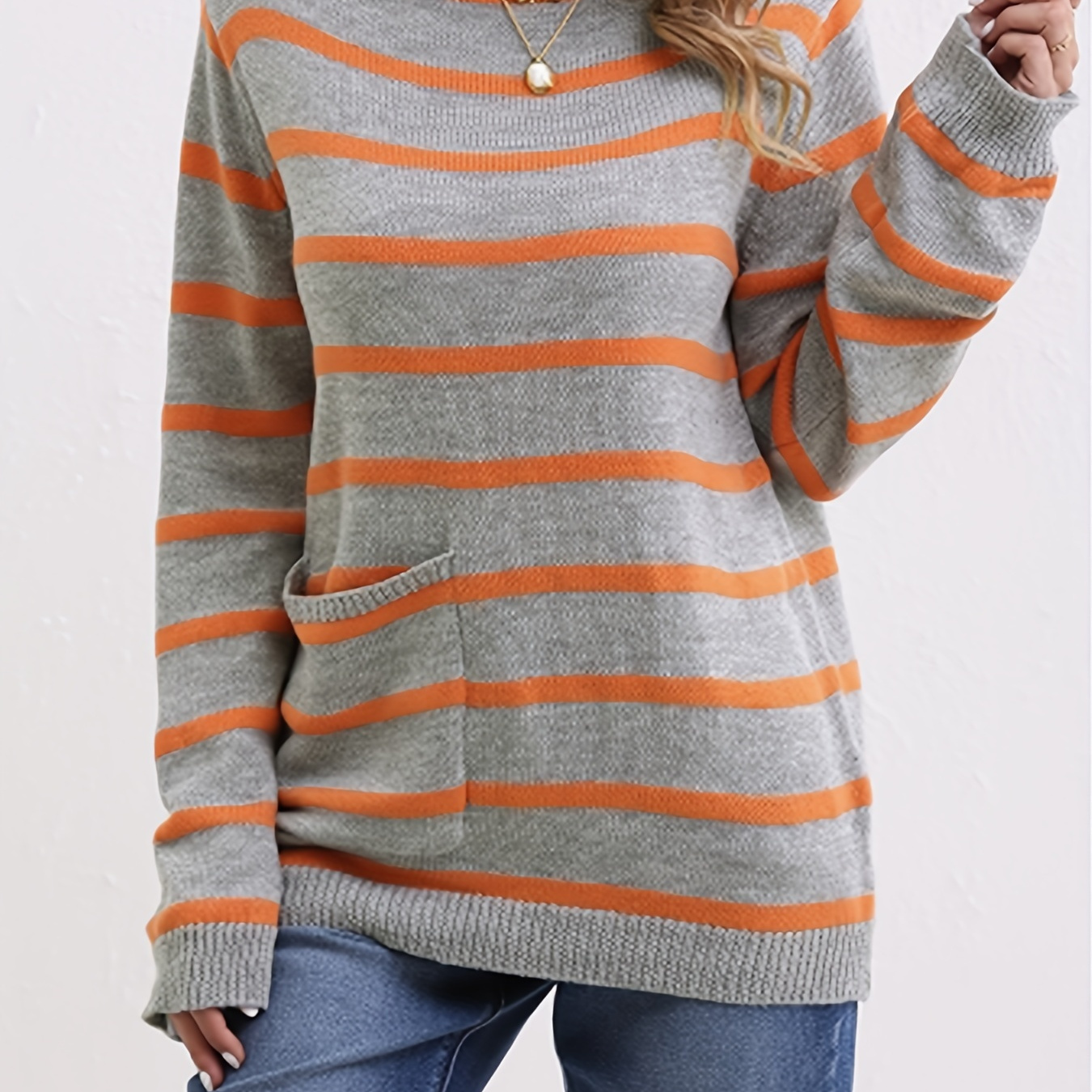 

Striped Boat Neck Pullover Sweater, Vintage Long Sleeve Pocket Loose Sweater For Spring & Fall, Women's Clothing