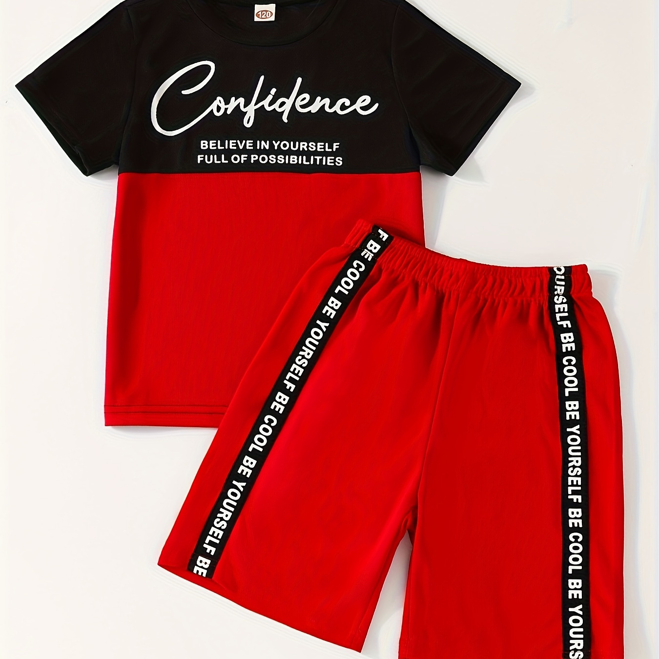 

2pcs Boy's Color Clash Short-sleeve Outfit, "confidence" Print T-shirt & Shorts Set, Kid's Clothes For Summer, As Gift