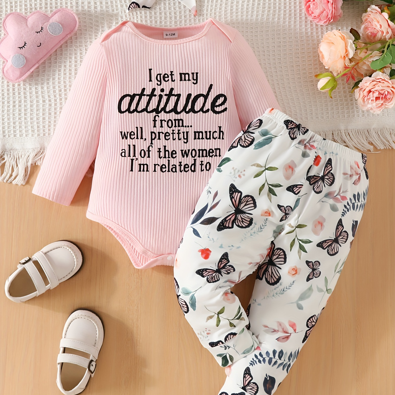 

Baby Girls Cute 2pcs Outfits - Toddler's Letter Long-sleeved Triangle Romper & Floral Print Trousers & Free Bow Set