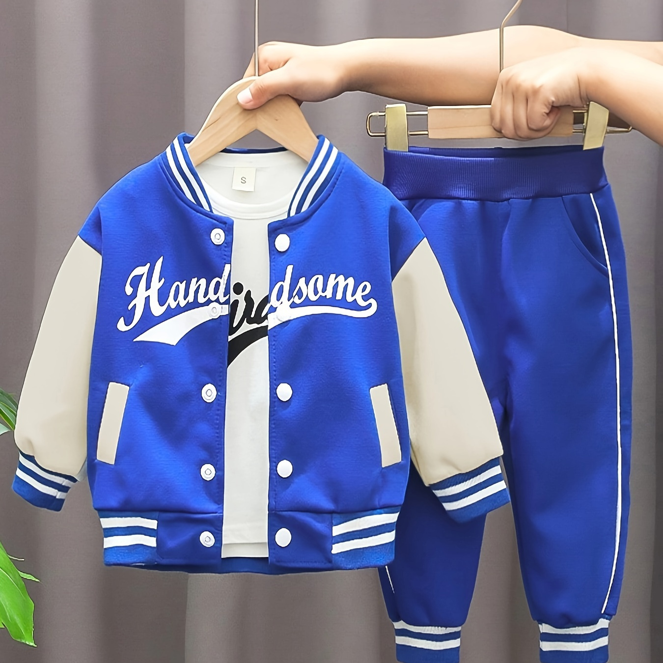 

3pcs Boys Letter Print Long Sleeved Baseball Suit, Casual Crew Neck Slightly Stretch Cotton Set