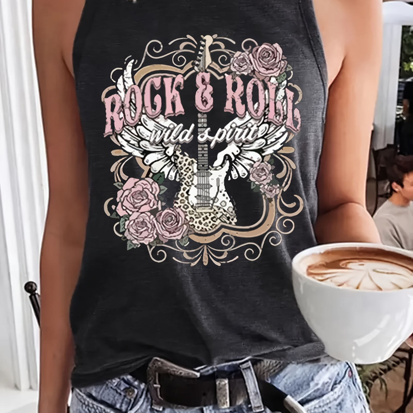 

Women's Rock & Roll Letter Print Tank Top, Casual Crew Neck Vest With Applique Detail, Polyester Knit Fabric, Medium Stretch, 95% Polyester 5% Elastane, 180gsm - Summer/spring/fall Fashion