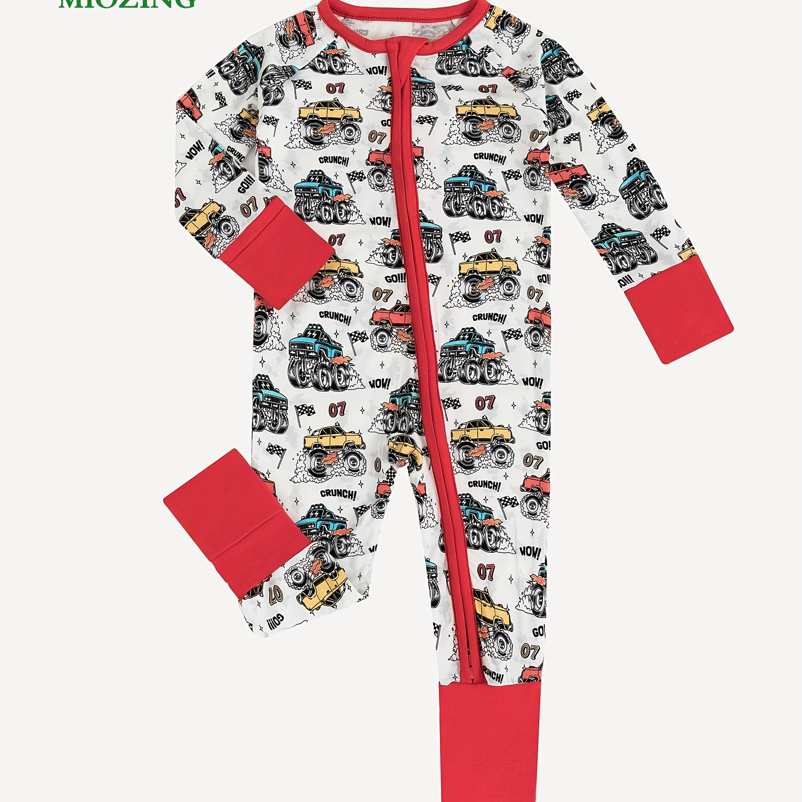 

Miozing Bamboo Fiber Soft Infant's Colorful Cartoon Truck Print Bodysuit, Comfy Bamboo Fiber Long Sleeve Onesie, Baby Boy's Clothing, As Gift, Newborn Infant & Toddler Footed Pjs, Zipper Kids Jumpsuit