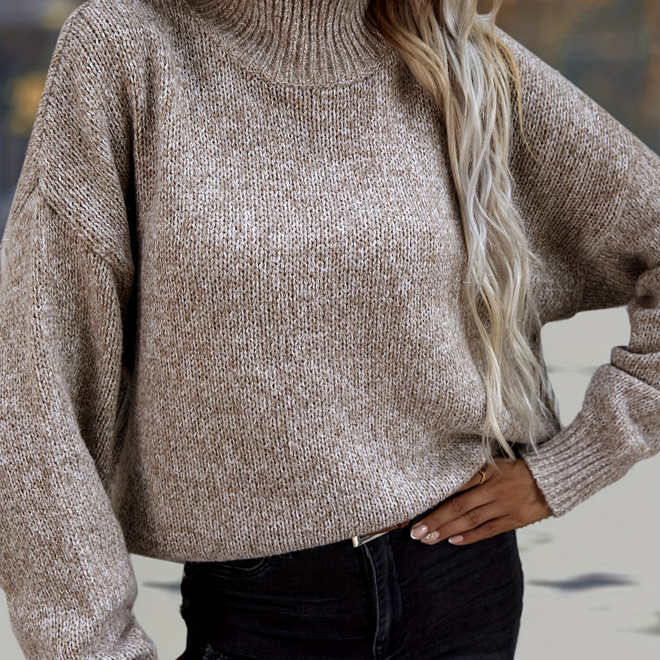 

Solid Turtle Neck Pullover Sweater, Vintage Long Sleeve Drop Shoulder Sweater, Women's Clothing