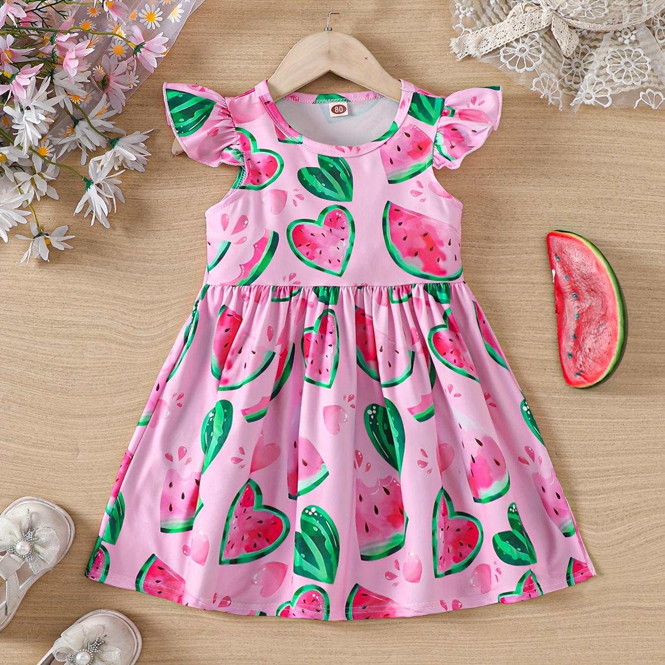 

Toddler Kid's Watermelon Pattern Dress, Cute Flutter Sleeve Dress, Baby Girl's Clothing For Summer