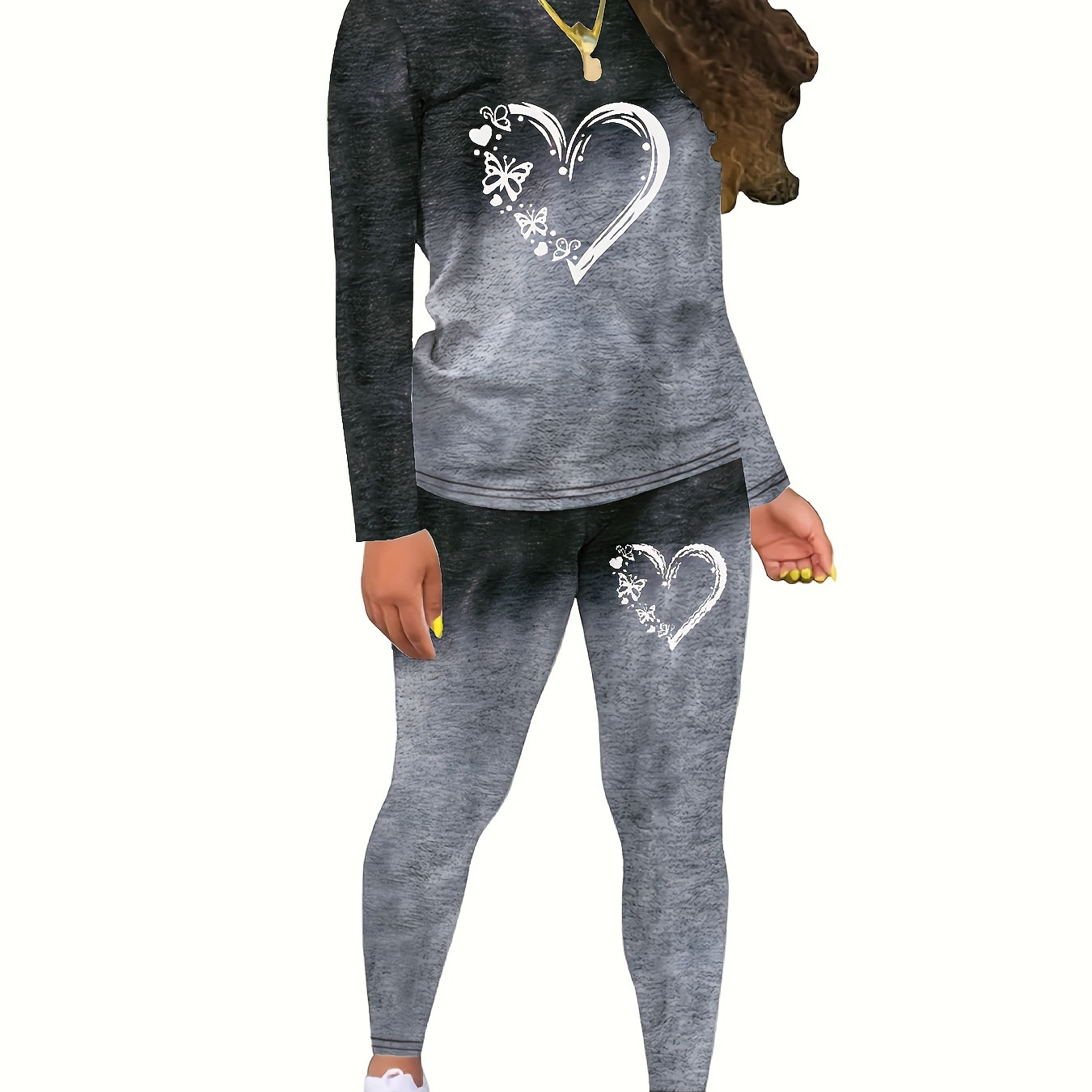 

Heart Print Ombre Matching Two-piece Set, Casual Long Sleeve Crew Neck Top & Pants Outfits, Women's Clothing