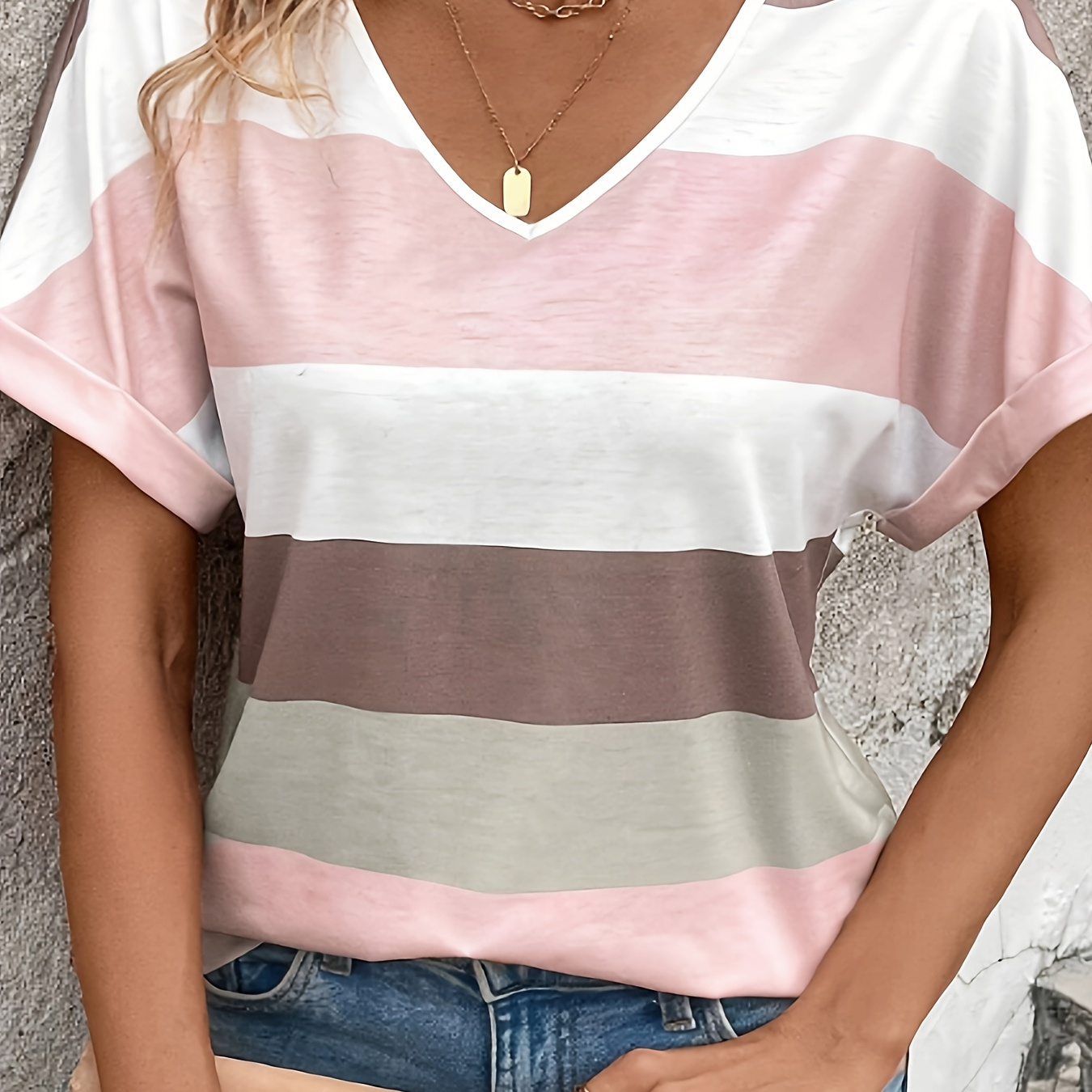 

Striped Print V-neck T-shirt, Casual Short Sleeve T-shirt For Spring & Summer, Women's Clothing
