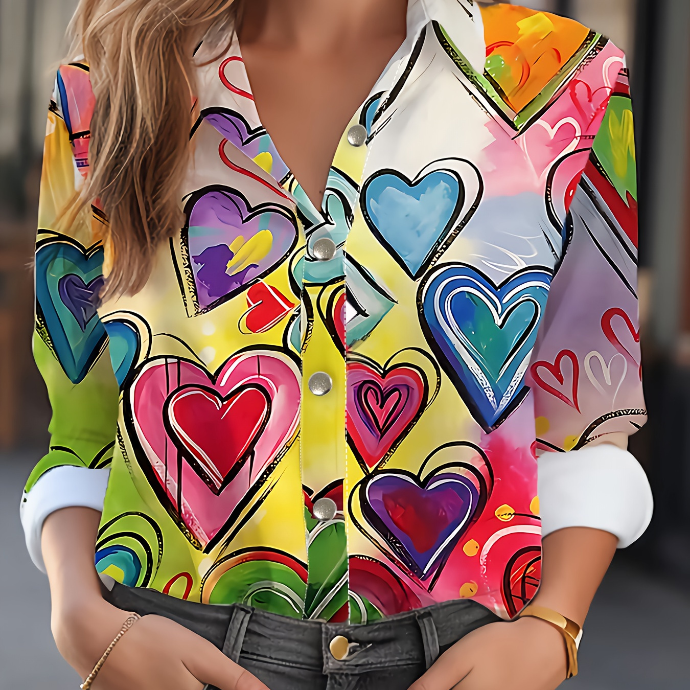 

Colorful Heart Print Button Front Shirt, Casual Long Sleeve Shirt For Spring & Fall, Women's Clothing