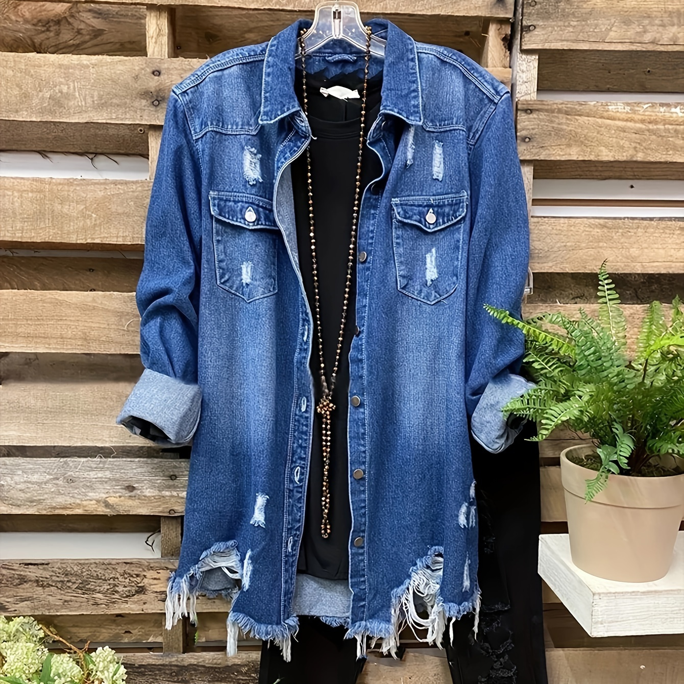 

Plus Size Casual Denim Top, Women's Plus Washed Ripped Button Up Long Sleeve Turn Down Collar Hem Denim Shacket