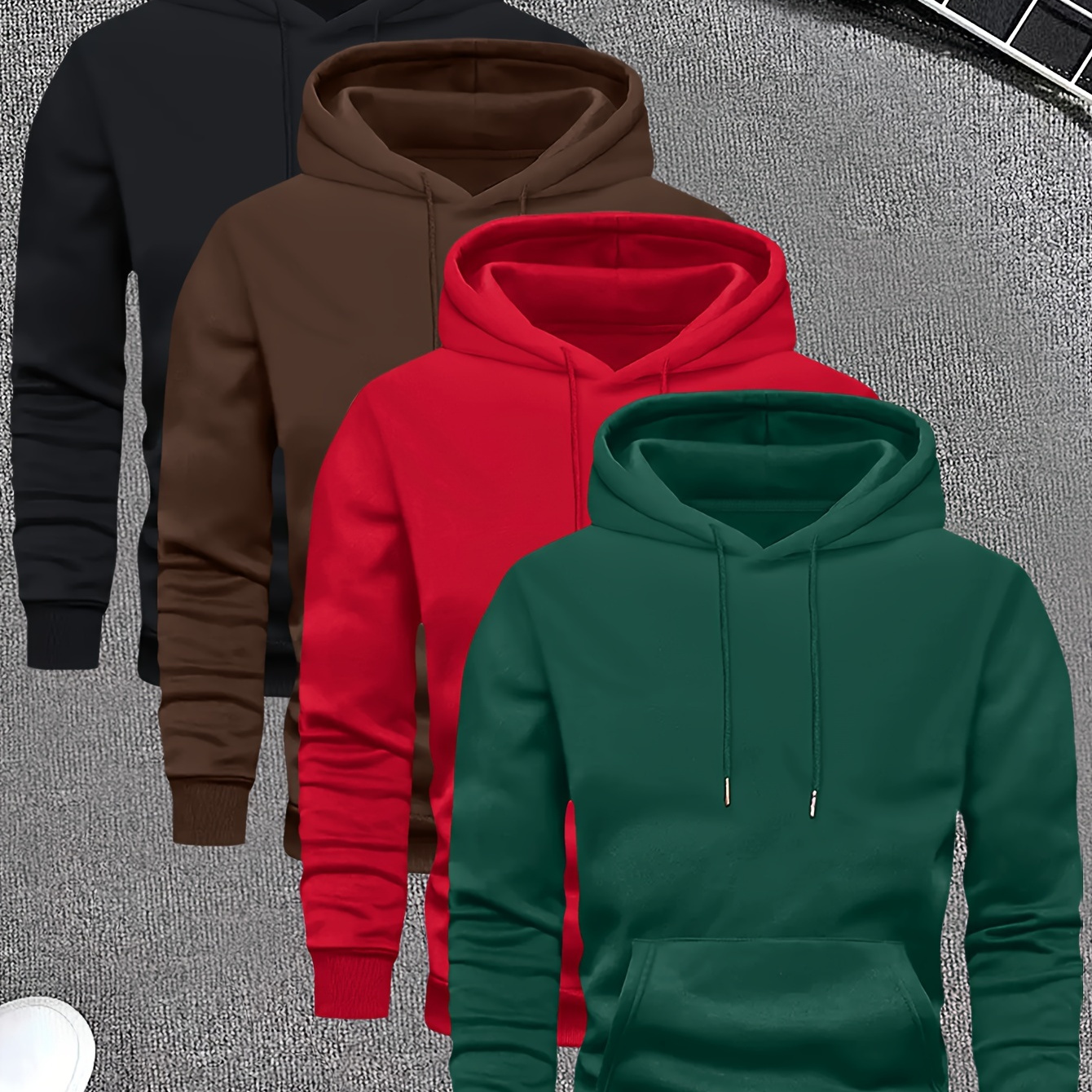 

4pcs Men's Casual Hooded Sweatshirt, Polyester Long Sleeve Geometric-pattern Pullover With Pocket, Regular Fit, Stretch, Spring/fall Season