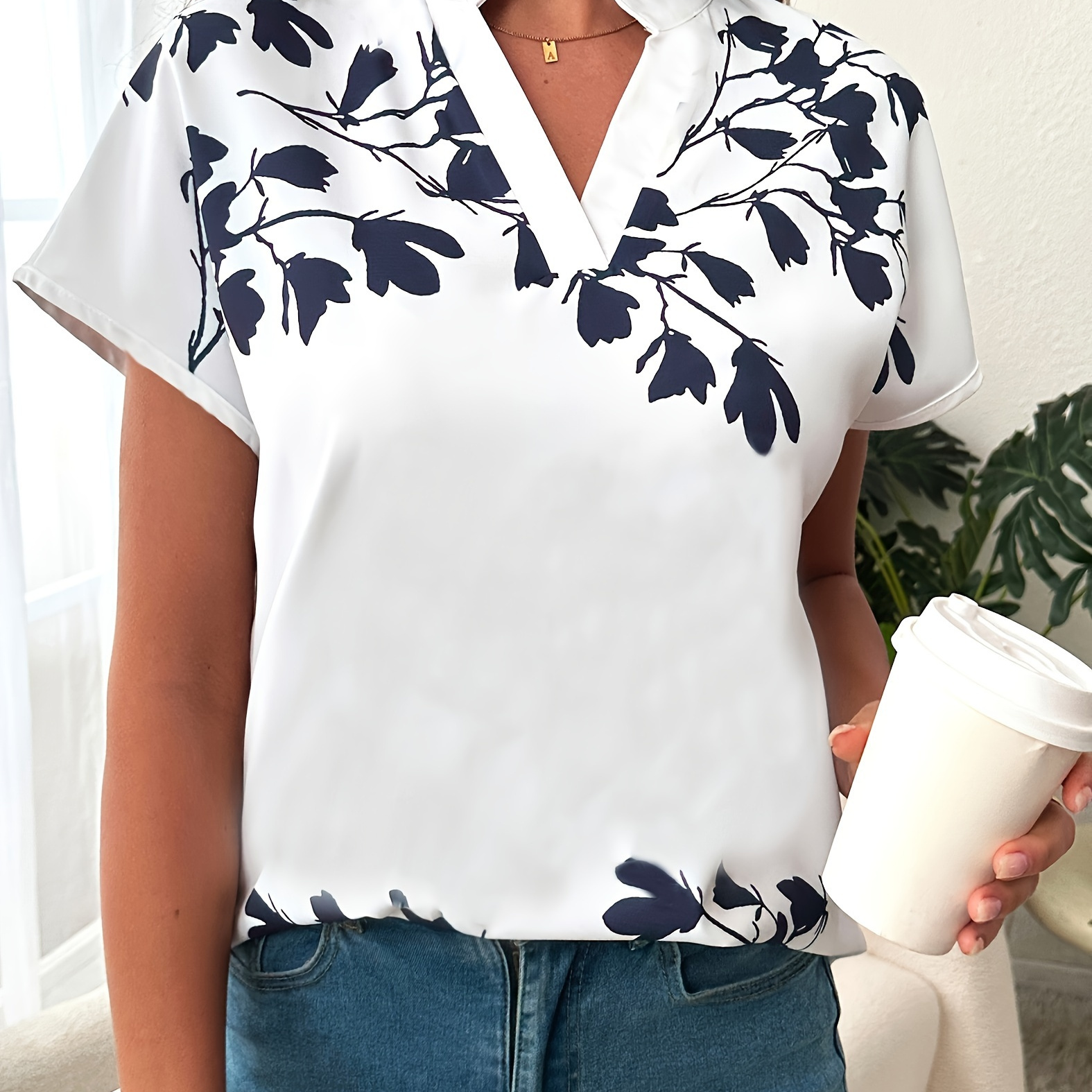 

Floral Print V Neck Blouse, Boho Short Sleeve Top For Spring & Summer, Women's Clothing