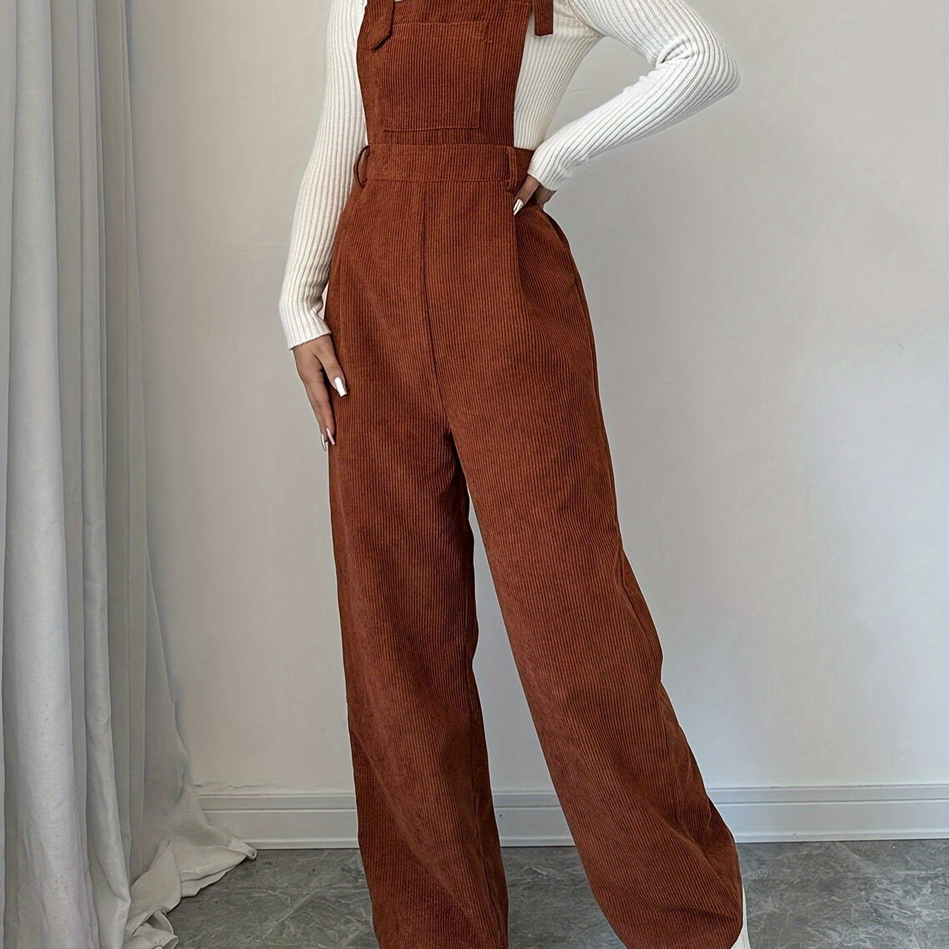 

Elegant Solid Color Wide Leg Corduroy Overalls For Women, Polyester Woven Strappy Back Jumpsuit, For Spring/summer/fall