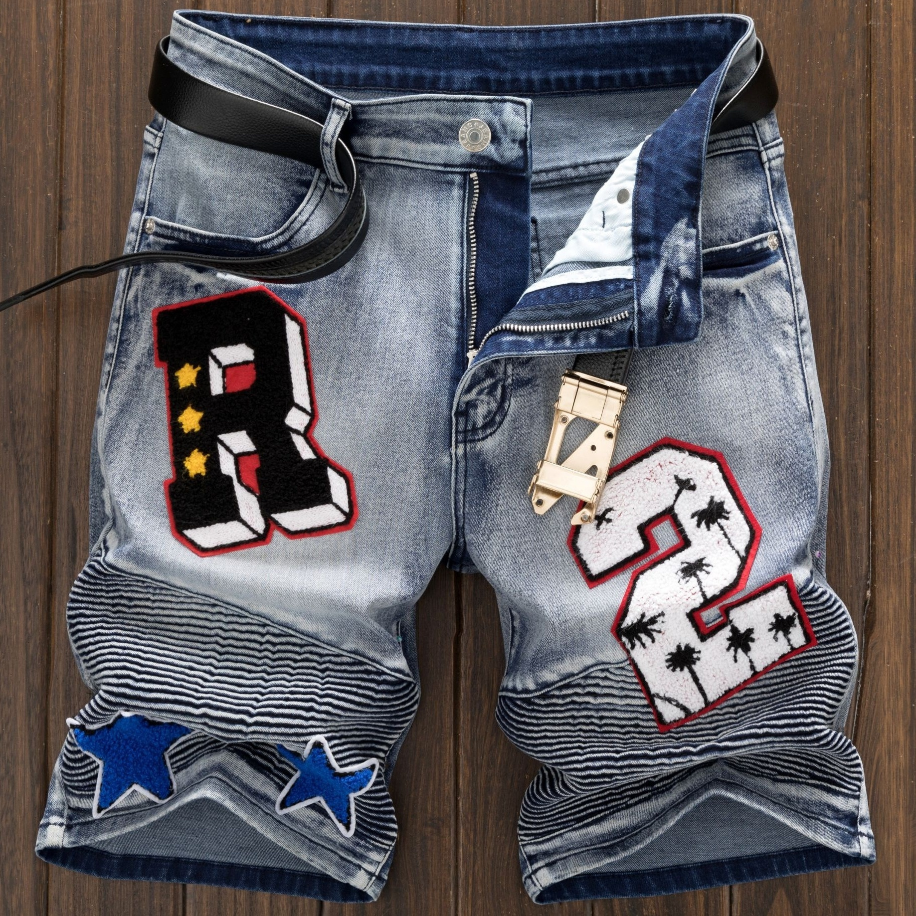 

Men's Street Style Denim Shorts With Letter & Numbers Pattern, Summer Stylish Leisure Jorts For Males