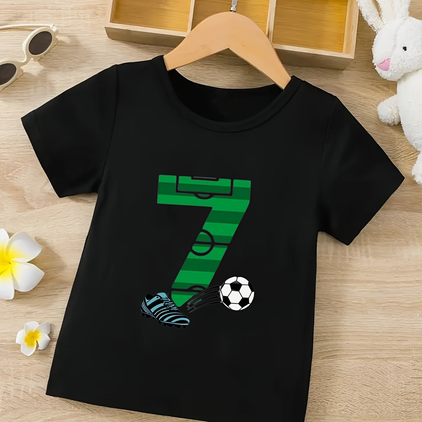 

No.7 Soccer Pattern Print Boy's Short Sleeve T-shirt, Casual Round Neck Comfy & Breathable Tops For Spring Summer Outdoor Activities Holiday As Gifts