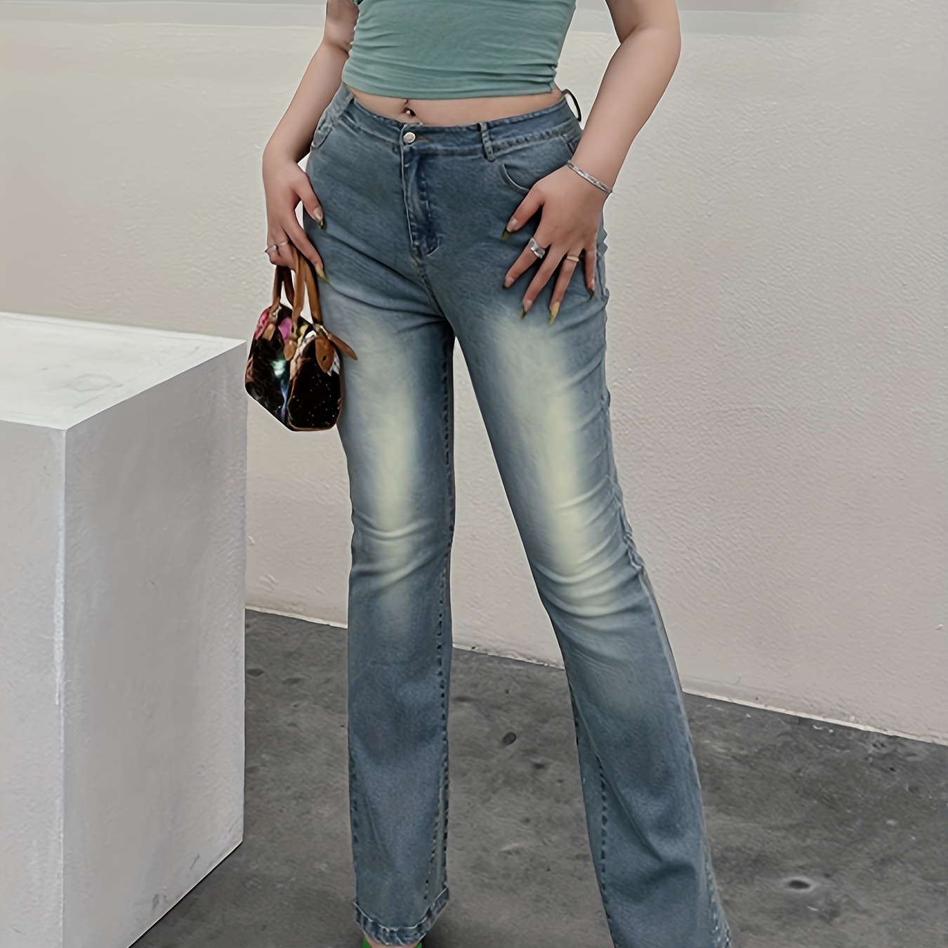

Plus Size Casual Jeans, Women's Plus Washed Button Fly High Stretch Flared Leg Jeans