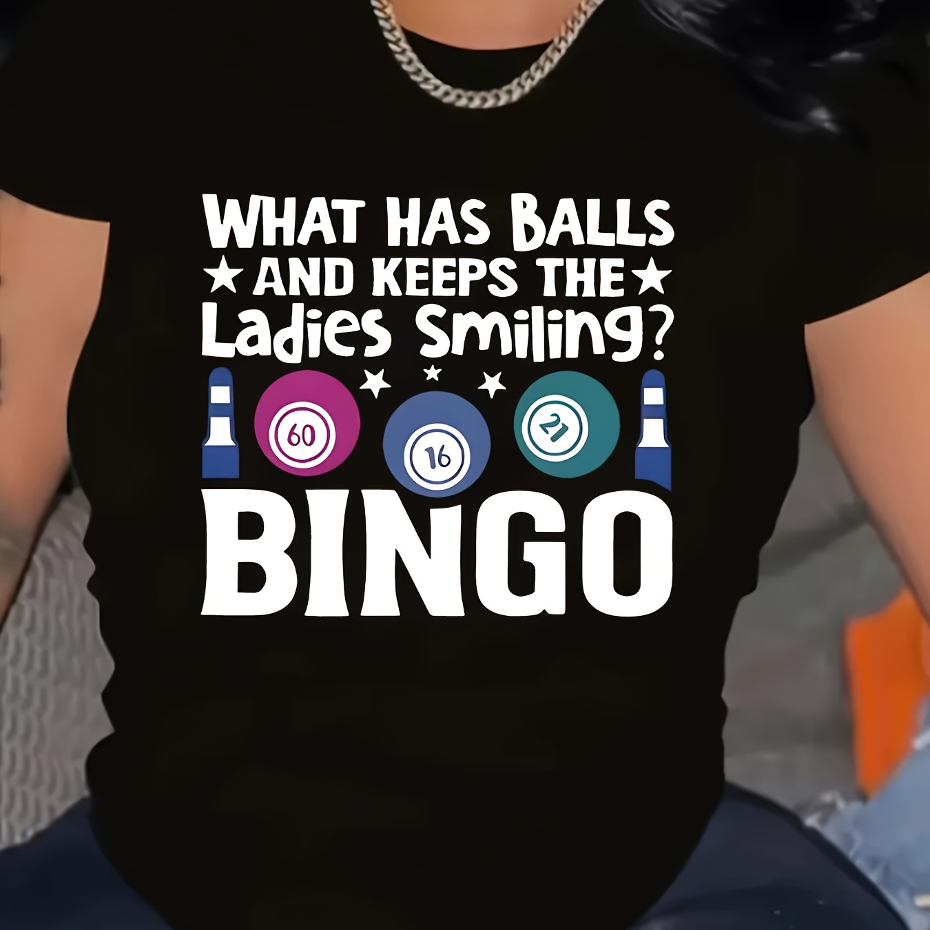 

1pc Women's Plus Size Casual Short Sleeve T-shirt With "what Has Balls And Smiling Bingo" Lettering, Polyester Knit Fabric, Round Neck, Stretchy, For Spring/summer/autumn