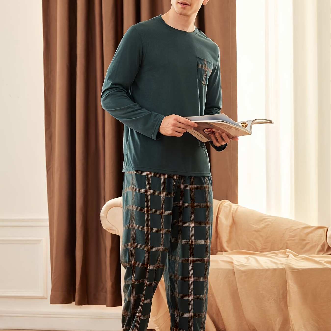 

Men's Cozy Pajama Set - Long Sleeve Crew Neck Top & Pants With Pockets, Soft Polyester Loungewear For All