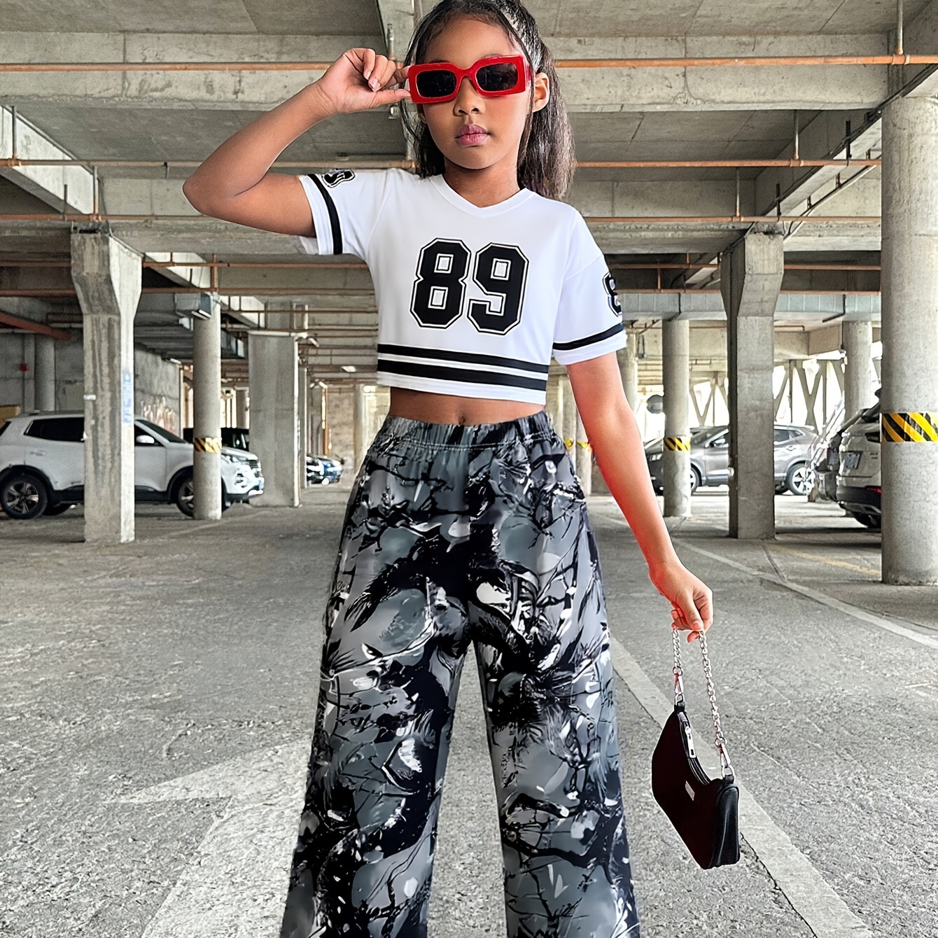 2pcs girls outfit set short sleeve v neck crop top loose Temu