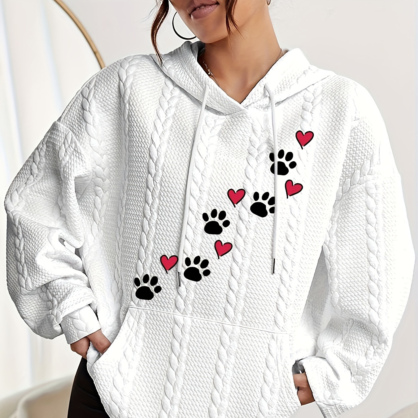 

Paw & Heart Print Kangaroo Pocket Hoodie, Casual Long Sleeve Drawstring Hoodie Sweatshirt, Women's Clothing