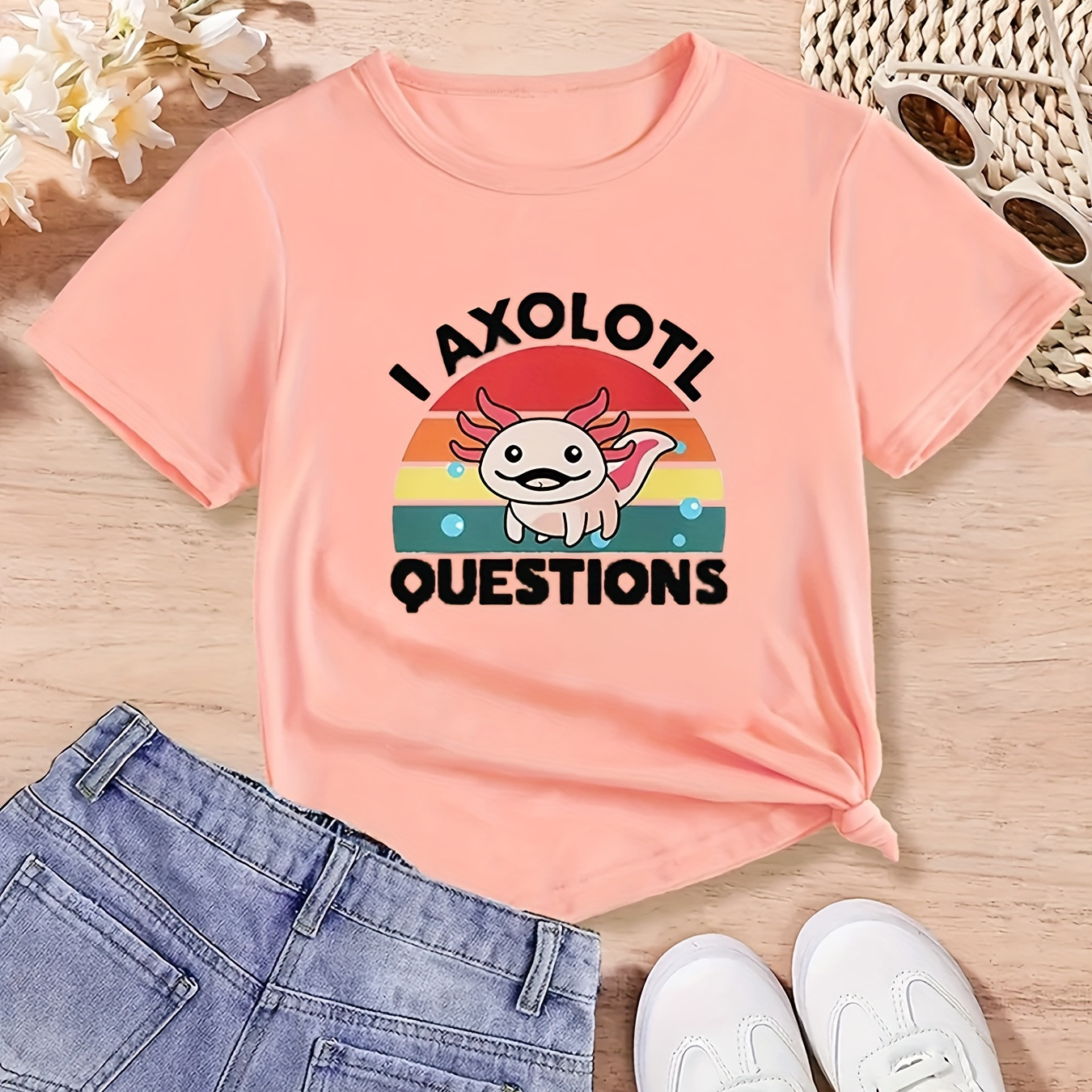

Fun 'i Axolotl Question' Girls Summer T-shirt, Cotton Comfy Short Sleeve Tee For A Trendy Look!