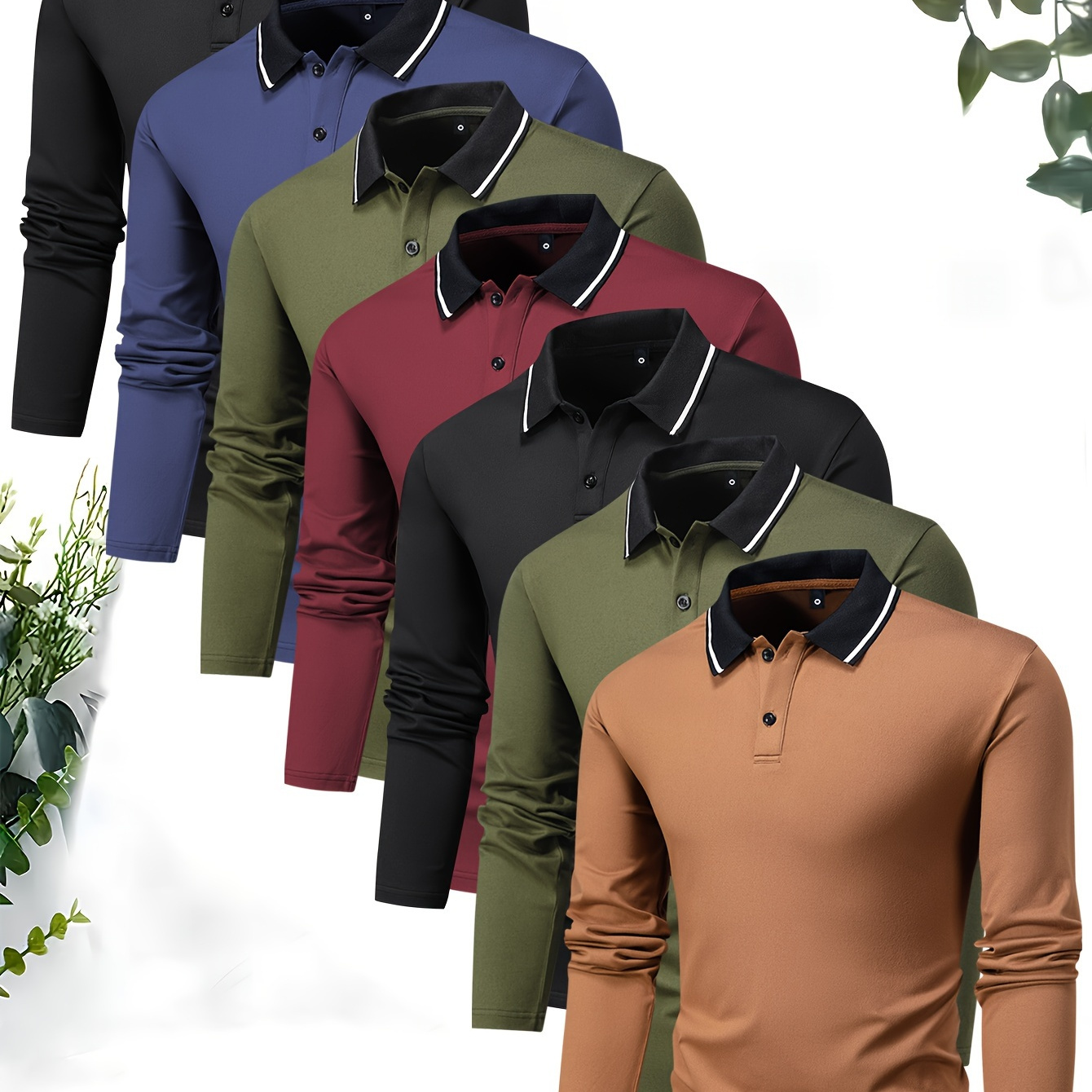 

Men's Long Sleeve Polo Shirts 7-pack - Polyester , 95% Polyester 5% Elastane, , Lapel Collar, Slight Stretch Fabric, Solid Color, Button Detail, Regular Tops For Business Casual Sports