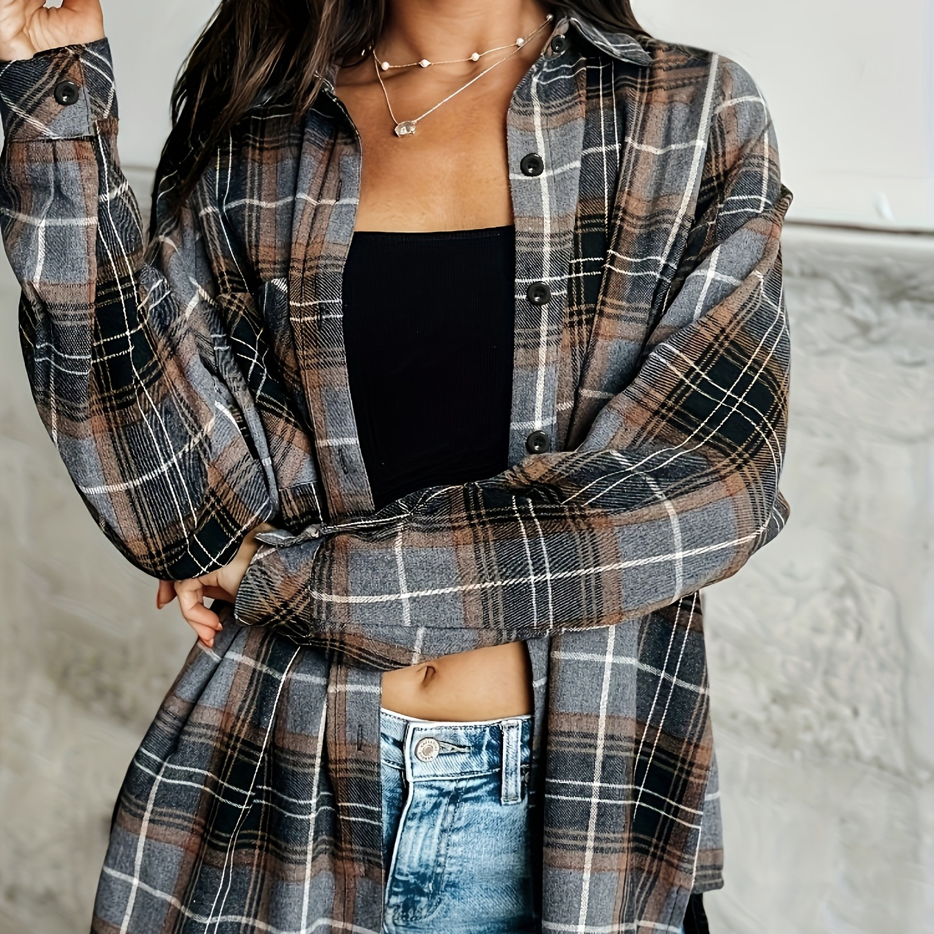 TEMU Gray Shirt Jacket With Long Sleeves, Featuring A Button- Design And Pockets, Made From Casual Flannel