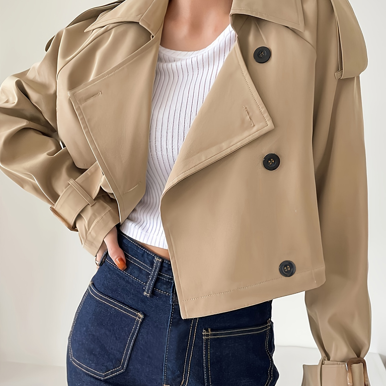 

Cuff Lapel Neck Trench Coat, Stylish Solid Color Crop Long Sleeve Coat For Spring & Fall, Women's Clothing