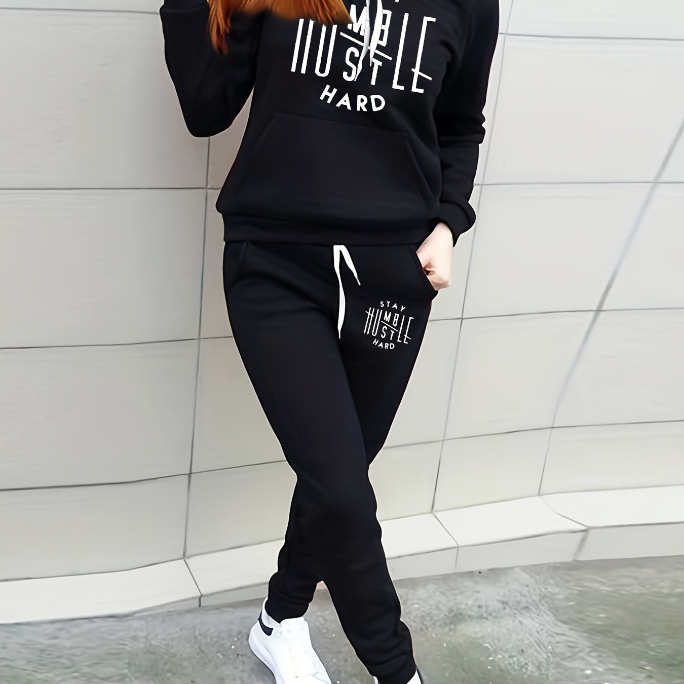 

Urban Style, Cozy Fleece-lined Hoodie & Joggers Set For Women - Casual Letter Print, Drawstring Waist, Machine Washable