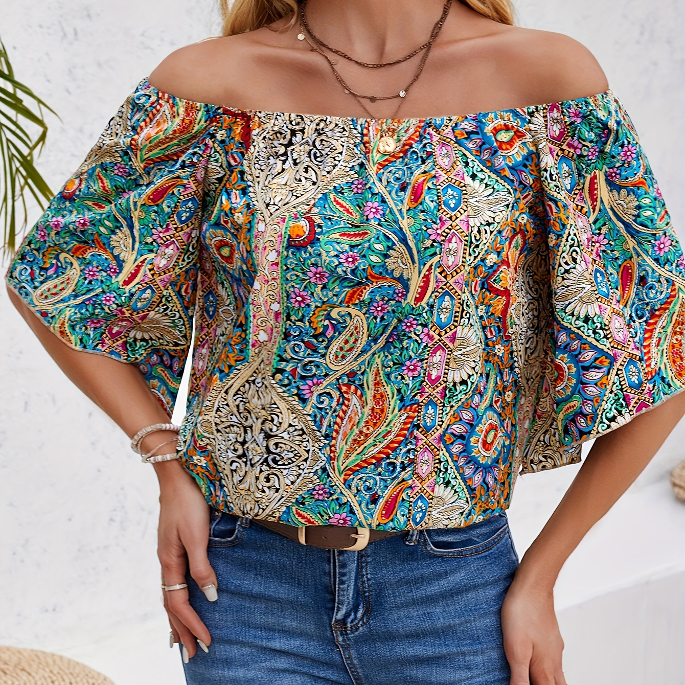 

Paisley Print Off-shoulder Blouse, Casual Three-quarter Sleeve Blouse For Spring & Summer, Women's Clothing