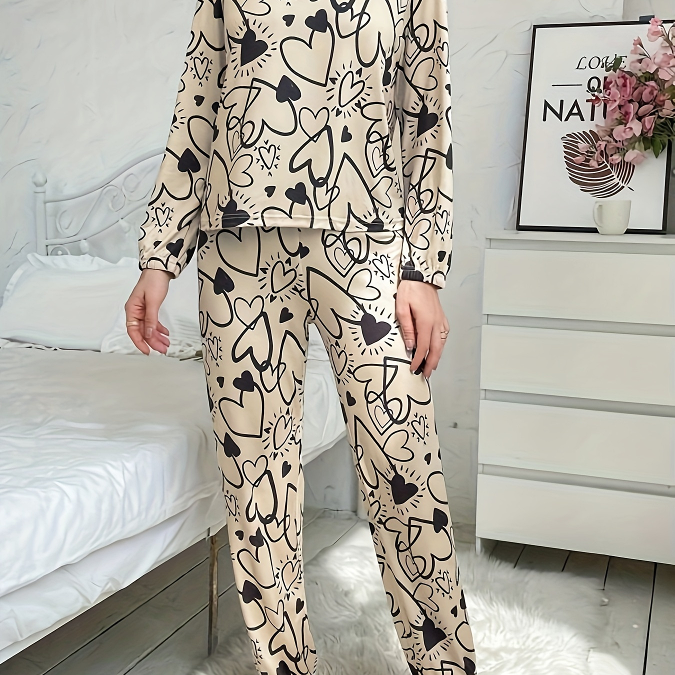 TEMU Heart Print Lounge Set, Long Sleeve Crew Neck Top & Elastic Waistband Pants, Women's Loungewear & Sleepwear