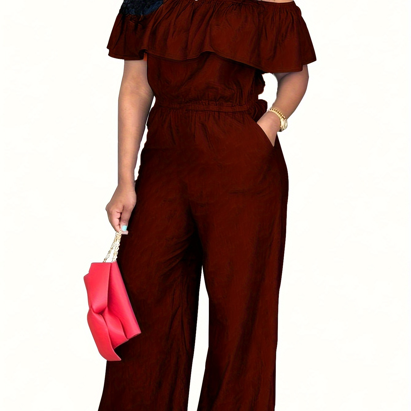 

Plus Size Solid Off Shoulder Jumpsuit, Elegant Wide Leg Jumpsuit With Pocket, Women's Plus Size clothing